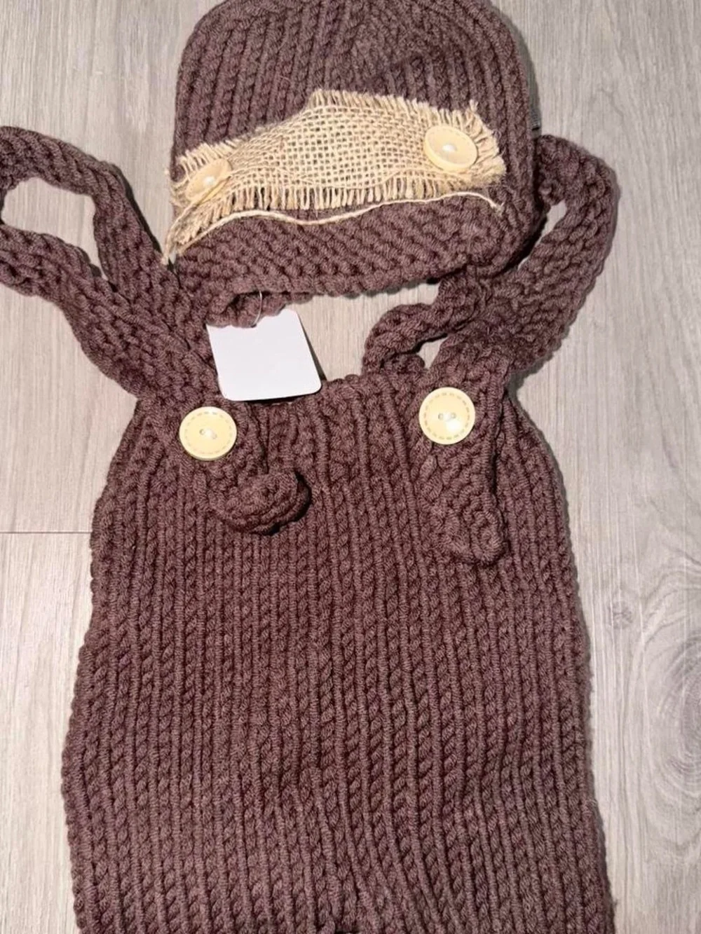 Hand-Knit Brown Baby Hat & Suspender Romper Set